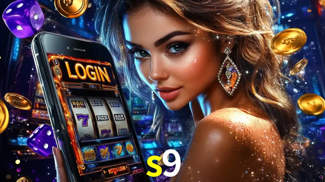 Mulher glamorosa segurando um smartphone com a tela de login para os jogos de caça-níqueis do cassino online s9, com moedas de ouro e dados ao redor.