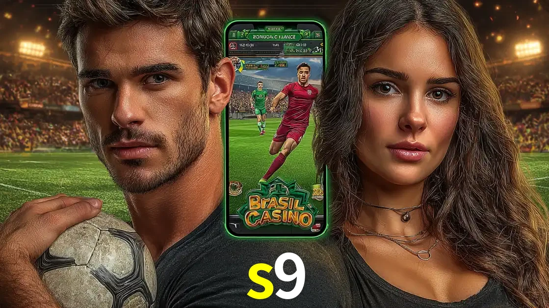 Homem segurando uma bola de futebol e uma mulher ao lado de um smartphone exibindo o jogo de apostas esportivas da s9. Faça seu palpite no cassino online.